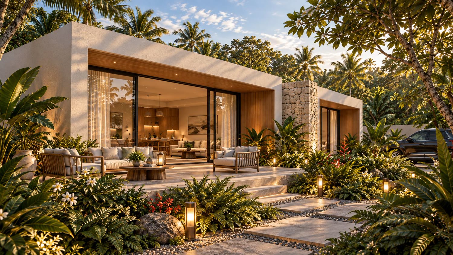 Type B residence, terrace and garden at dusk